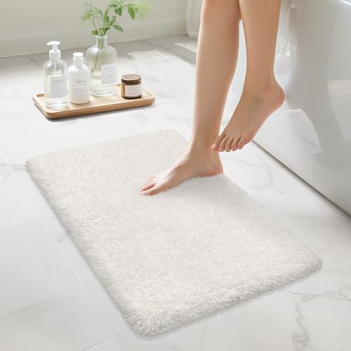 MondayRug White Bathroom Rugs Non Slip 24x16 Absorbent Bath Mats Quick Dry Shaggy Microfiber Bath Rugs Extra Soft Plush Machine Washable Bath Mats for Bathroom Floor Tub and Shower