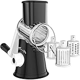 Ancevsk Cheese Grater Hand Crank, Rotary Vegetable Shredder with Handle and Strong Suction base, 3 in 1 Kitchen Speed Spin Veggie Slicer Nut Grinder for Pizza Top, Hash brown, Salad and More (Black)