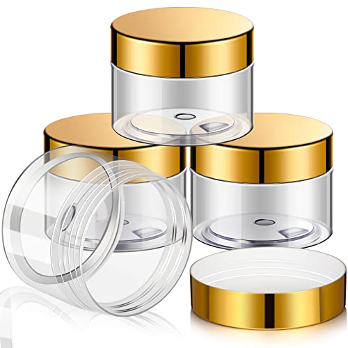 Image of Patelai 4 Pcs Plastic Jars Wide Mouth with Lids,1 Ounce,Gold | Travel Size for Creams Oils, Clear Round Storage Cosmetics Containers, Leak Proof Screw on Lids for Makeup Beauty DIY