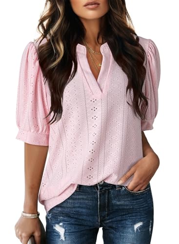 Image of Dokotoo Womens Blouses V Neck Puff Short Sleeve Business Casual Tops