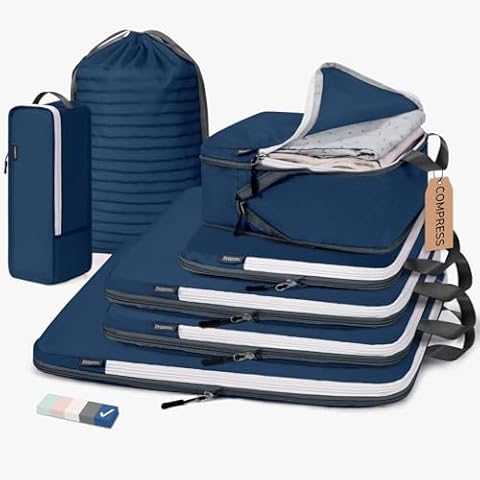 CherryNow Compression Packing Cubes, 7 Set Packing Cubes for Carry On, Compression Packing Cubes Travel, Luggage Organizer Bags, Deep Blue Cover