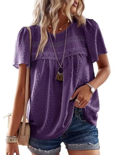 TUUHAW T-Shirts à Manches Courtes Femme Dentelle Fluide Chemise Été Léger Boho Col Rond Tunique Confortable Mousseline Hauts Blouse Summer Tops Chic et...