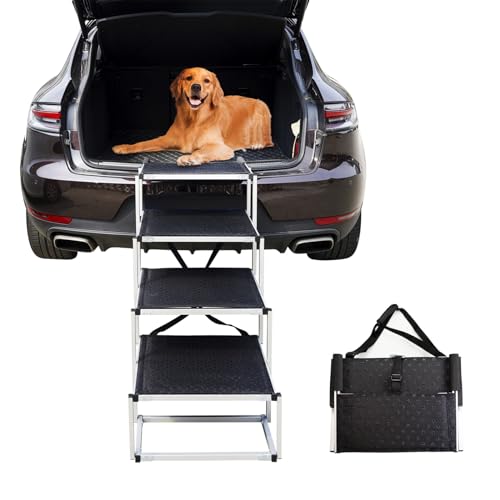 Bounabay hundetreppe große Hunde - Hundetreppe Auto 4 Stufen - Klappbare Aluminium Hundetreppe Ultra-Leicht - Hochwertige Autotreppe für Hunde bis 75kg