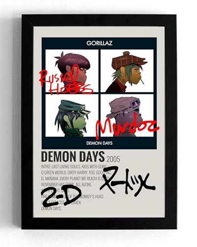 Affiche dédicacée de l'album Demon Days par Gorillaz - Cadeau pour fan - Format A5 - Cadre 21 x 16 cm