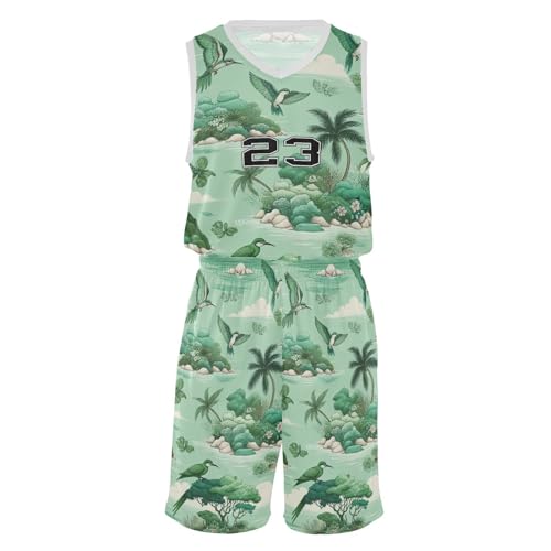 FLildon Island Tropical Birds Green Boys Basketball Jersey Set Tank Top Shorts Tracksuit Sport Training Suit for Kids, M