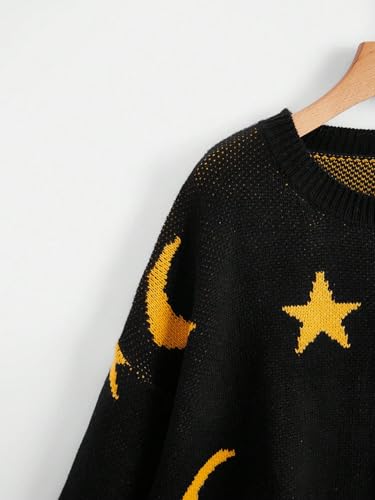 WDIRARA Women's Plus Size Star Moon Graphic Sweater Crew Neck Long Sleeve Knit Pullovers Top3