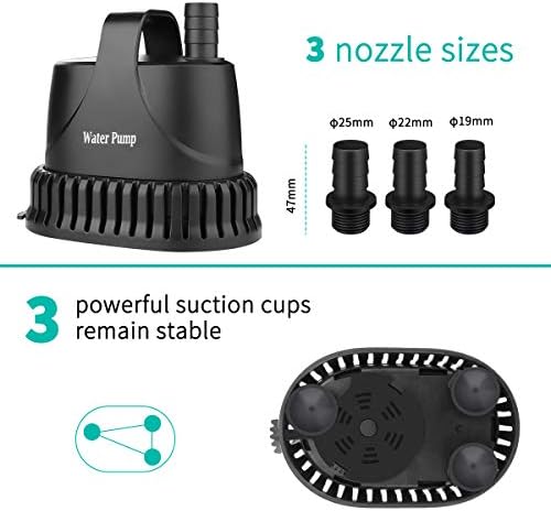 E-More Submersible Water Pump, 2500L/H 35W Bottom Suction Pump Ultra-Quiet Fountain Pump Pond Pump with 4.9Ft Power Cord and 3 Nozzles, Water Feature Pump for Pond Aquarium Fish Tank Pool Hydroponics