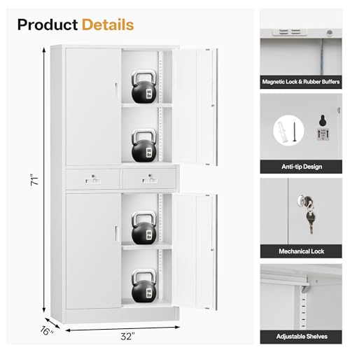 Image of Metal Storage Cabinet with 2 Drawers 71 inch H,White Metal Garage Cabinets with 2 Lockable Doors and Adjustable Shelves, Locking Cabinet for Home Office,Pantry,Garage,Warehouse