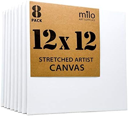 milo Stretched Artist Canvas | 12x12 inch | Value Pack of 8 Canvases for Painting, Primed & Ready to Paint Art Supplies for Acrylic, Oil, Mixed Wet Media, & Pouring, 100% Cotton with Pine Wood Frame