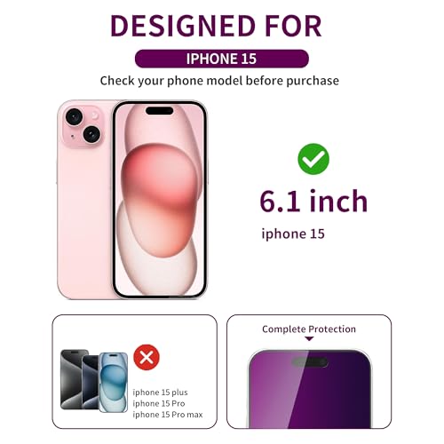 Image of 2 Pack Privacy Screen Protector for iPhone 15 Tempered Glass 6.1inch Private Glass Anti-Spy Eye Protection Anti-Scratch Full Coverage No Bubble