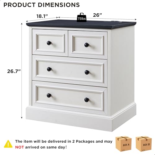 Image of ACCOHOHO 26 inch W Nightstands Set of 2, Farmhouse End Table with 4 Drawers for Storage, Nightstand with Charging Station for Bedroom, Off White