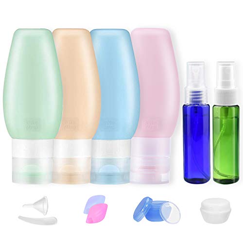 Set de Botella de Viaje 90 ml(12 Piezas), TSA Aprob, Anti-Fugas, Rellenable, con Bote Spray y Accesorios de Viaje,Botellas Vaca para Desinfectante de Manos, Champ, Crema de Bao, Locin
