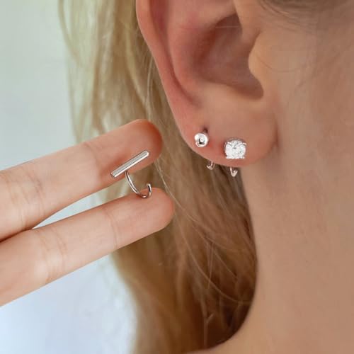 Image of CHIC & ARTSY 925 Sterling Silver Half Hoop Earrings for Women, Small Huggie Hoops Set with Ball Bar Star Moon Cross & Pearl, Lightweight Comfort Fit Everyday & Sleep Earrings