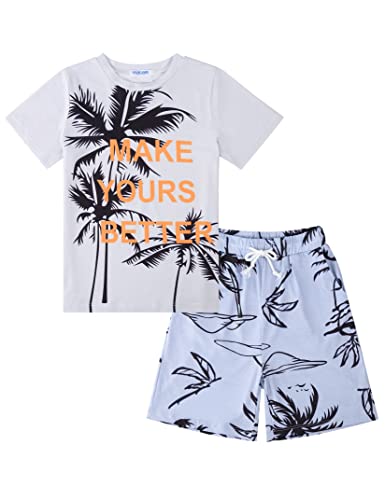 Image of GERU Boy Shorts Sets Hawaiian Outfit Kid Leaves Floral Short Sleeve Shirt Top+shorts Suits