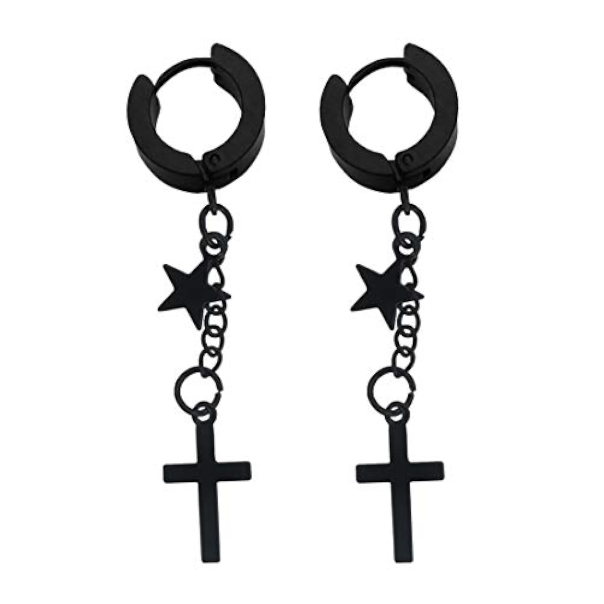 Religious Jesus Cross & Star Double Chain Charm Drop Hoop Earrings