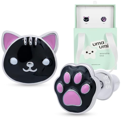 925 Sterling Silver Cat & Paw Black Stud Earrings for Girls Hypoallergenic Safety Screw Back Rhodium Plated - Cat & Paw Black Gifts Earrings for Baby Toddlers Little Teens Kids Jewelry