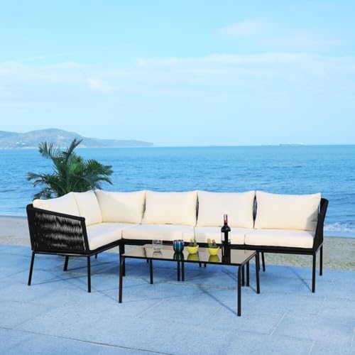 Image of DEVOKO Outdoor 3 Piece Rope Patio L-Shape Sofa All Weather Washable Cushion with Center Table for Garden, Pool, Deck, Balcony, Backyard (Black & Cream)