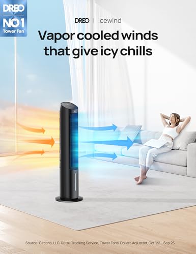 Image of DREO Evaporative Air Swamp Cooler, 40 inch Standing Fans that Blow Cold Air, 80 Oscillating Bladeless Cooling Fan for Bedroom, Removable Water Tank, Ice Packs, Remote Control, 4 Speeds, 7H Timer, Black
