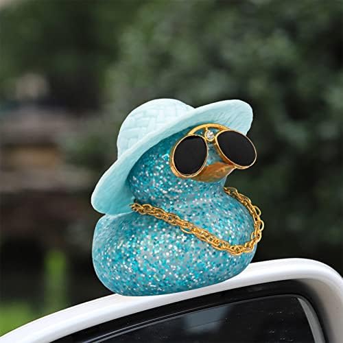 wonuu Car Duck Ornament Dashboard Decorations Rubber Duck Car for Car Dashboard Accessories with Swim Ring Sunglasses Hat and Necklace, B_Light Blue_Blue Sun Hat_Transparent - 5