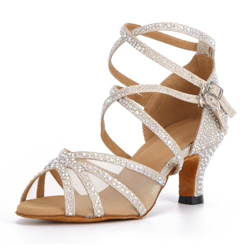 Syrads Zapatos de Baile Latino con pedrería para Mujer Salsa Tango Moderna Bachata Zapatos de Baile de Salón Suela Blanda 1057-01