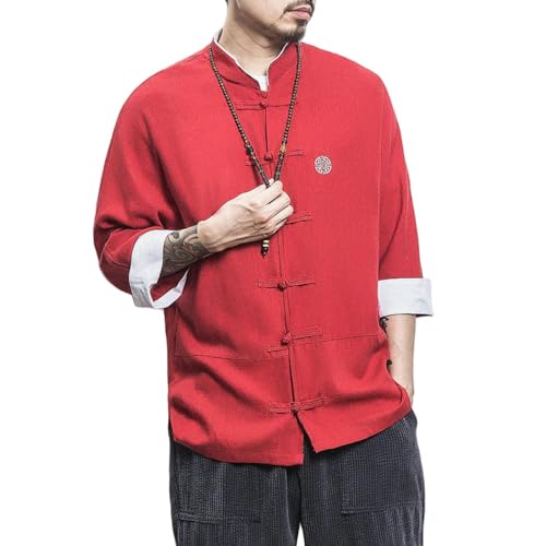 Chemise style chinois rétro en coton lin ample à manches trois quarts