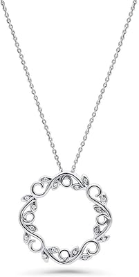 【新品首饰】Sterling Silver Leaf Cubic Zirconia CZ Filigree Pendant Necklace for Women, Rhodium Plated