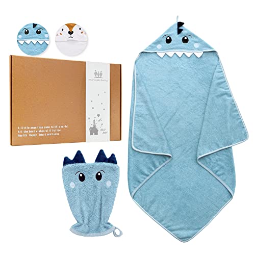 miracle baby Toalla de Baño Bebé 90X90 cm Toalla con Capucha Infantil de Algodón y Bambú Orgánico Albornoz para Niño y Niña, Súper Absorbente y Lavable a Máquina, Tiburón Azul