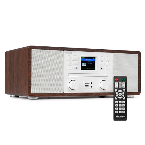 Audizio Avola - Radio Digital Dab/FM con Bluetooth, WiFi y CD en Color Blanco y Madera, Altavoz estéreo 60W, Radio Despertador con Pantalla a Color, USB, AUX y diseño Elegante Natural