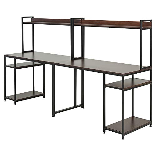 HOMCOM 94.5in Industrial Double Computer Desk with Hutch and Storage Shelves, Extra Long Home Office Writing Table 2 Person Workstation, CPU Stand, Brown Wood Grain