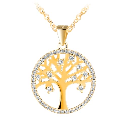 INFINIONLY Collier pendentif en argent 925 pour femme fille collier arbre de vie avec zircone avec chaîne de 45cm, Or