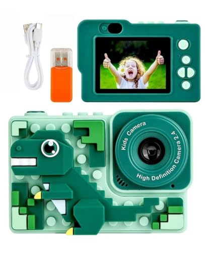 Image of Digital Mini Camera for Kids (Ages 3-12) - Fun Unicorn Silicone Cover, Perfect Toy for Boys & Girls (Dino Blocks-Green)