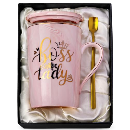 Doublewhale Boss Lady Gifts Best Boss Gifts for Women Female 14oz Pink Marble Ceramic Coffee Mug with Gold Print Spoon Lid Card Gift Box Office Appreciation Gift for Manager Leader Professor