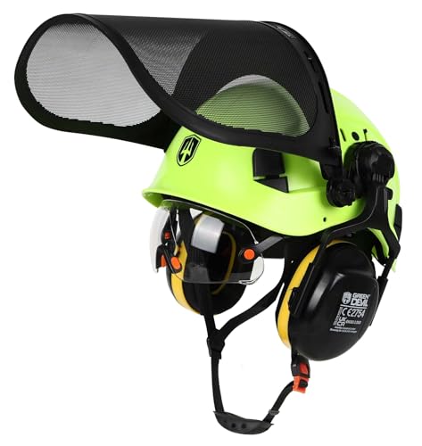GREEN DEVIL Casco de seguridad para motosierra forestal EN397, certificado EN397, sistema 5 en 1 con protección facial de malla, visera integrada y orejeras, ventilado, para trampas de madera y