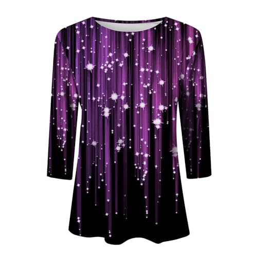 Camisetas femininas de verão com manga 3/4 com estampa de glitter 2024, casual, macia, gola redonda,
