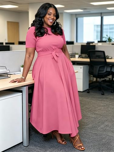 Image of Hostoyo Women Plus Size Formal A Line Maxi Dress Self Tie Waist with Pockets Elegant Round Neck Swing Long Dresses