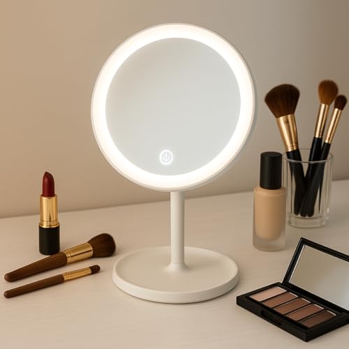 Espelho de Maquiagem com LED Base de Mesa Tela Redonda com Iluminação