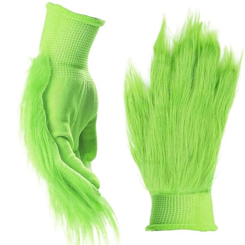 LUYANFX 2PCS Guantes Navidad Verdes, Guantes Monstruo Verde de Peludos, Guantes de Felpa Verde, Guantes de Cosplay de Navidad, Accesorios de Disfraces Adultos para Navidad, Halloween, Cosplay
