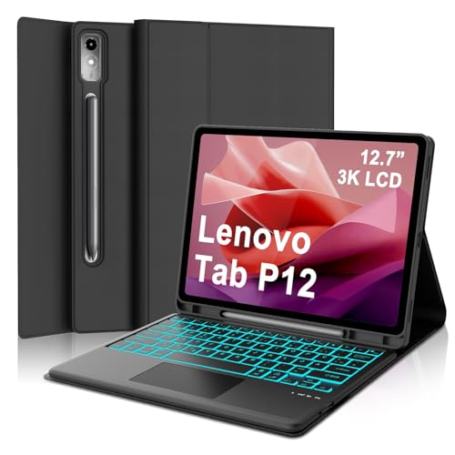 WAVATA Tastatur für Lenovo Tab P12 12.7 Zoll 2023 mit Touchpad Hülle mit Tastatur für Lenovo Tab P12 Beleuchtete Magnetische Bluetooth Abnehmbare QWERTZ Layout Schwarz
