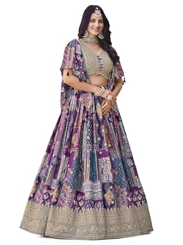 Image of Women's Digital Print With Zari Dori Embroidery Work Chinnon Silk Lehenga Choli With Dupatta (Women-Lehenga-Choli-New; Free size)