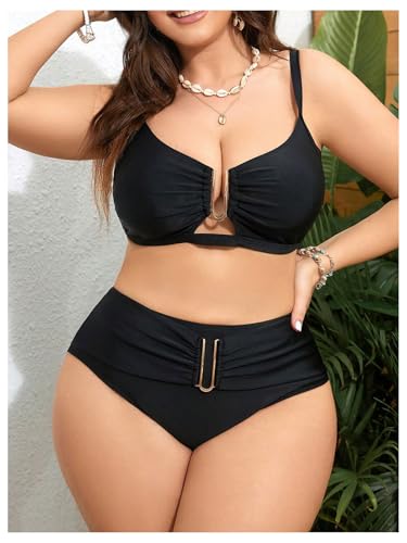 SweatyRocks Women's Plus Size Swimsuit Cut Out High Waisted Bikini Set Ruched Bathing Suit4
