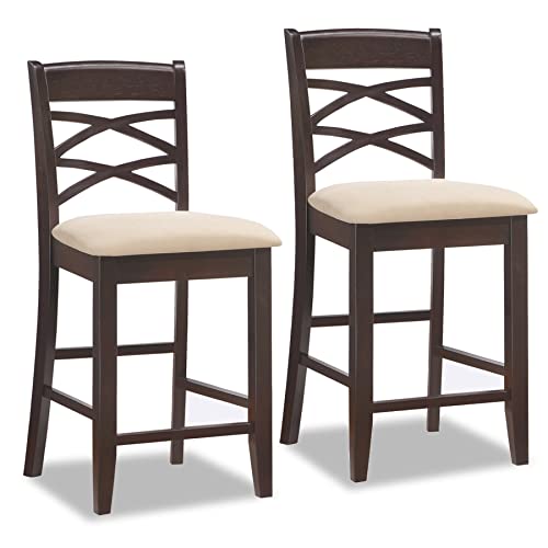 Leick Home 10084Wg/Bg Wood Double Cross Back Counter Height Stool With Microfiber Seat, 24", Wenge/Beige #TOP22