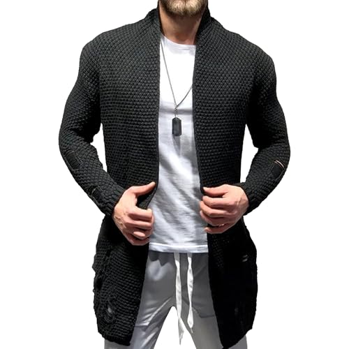 Mens Ripped Shawl Collar Sweaters Open Front Muscle Long Cardigan Sweater Cable Knit Winter Long Cardigans