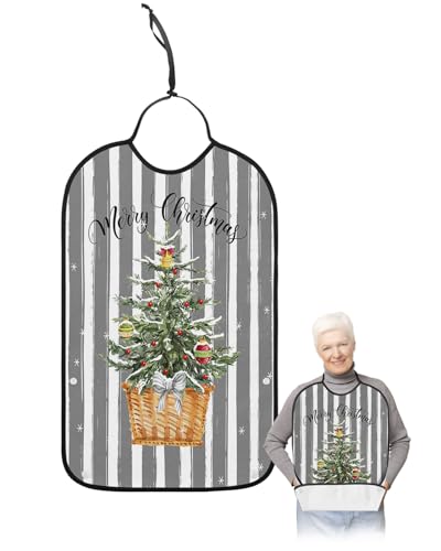 LEOKOTI Grey Christmas Adult Bibs for Eating, Waterproof Bibs with Food Catcher & Adjustable Snap Closure, Xmas Tree Balls Snowflake Gray Striped Washable Clothing Protectors Adult Bibs for Elderly