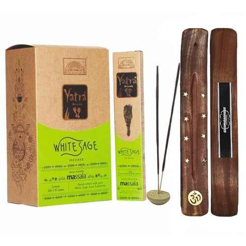 Aromasenses.- Incienso Yatra Parimal Salvia Blanca - Caja Completa con 12 cajetillas de 15 Gramos + 1 Tablilla Aromasenses - Incienso Masala Hecho a Mano - Yoga - Meditación (Salvia Blanca)