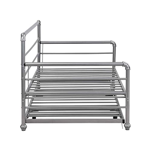 Aty Twin Size Daybed With Adjustable Pop Up Trundle, Metal Bedframe For Kids/Teens/Adults, Save Space & No Box Spring Need, 75''X79''， Sliver, Antique Sliver #TOP7