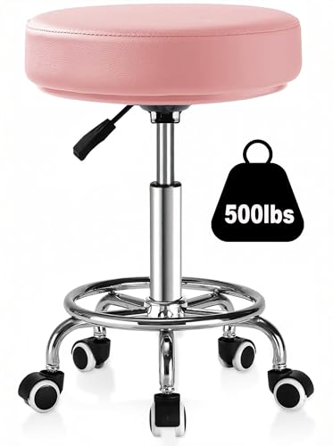 Image of Adjustable Rolling Stool with Wheels 500lb Heavy Duty Round Rolling Stool with Footrest, Patent Leather Drafting Stool Chair with Wheels Work Spa Salon Seat（Pink）
