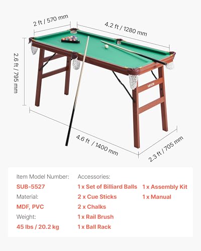 Image of VEVOR Folding Pool Table,Portable Billiards Tables, Foldable Space-Saving Entertainment Game Set Includes Ball, Cue, Rack, Chalk, Brush, Brown with Bule Cloth, for Family Use, Recreation Room