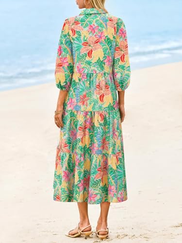 Image of Wenrine Womens Casual 3 /4 Sleeve Shirt Dress Button Down V Neck Tiered Collared Flowy Maxi Dress