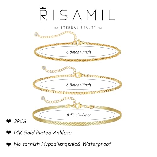 Image of Risamil 14K Gold Plated Ankle Bracelets for Women, Anklets for Women Waterproof Layered Ankle Bracelets for Women Teen Girl Herringbone Anklet Set Summer Foot Jewelry Gifts
