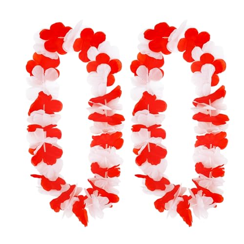 ALEGRE® Lot de 2 chaînes de fleurs rouges et blanches - Décoration de carnaval hawaïen - Accessoires photo - Chaîne de fleurs rouges et blanches pour...